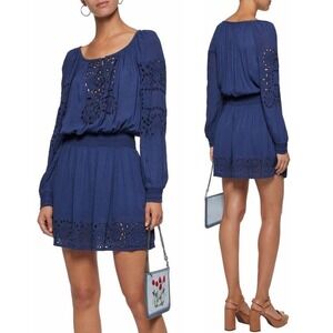 Alice+Olivia Long Sleeve Tassel Tie Embroidered Eyelet Mini Dress Dark Blue 0 XS